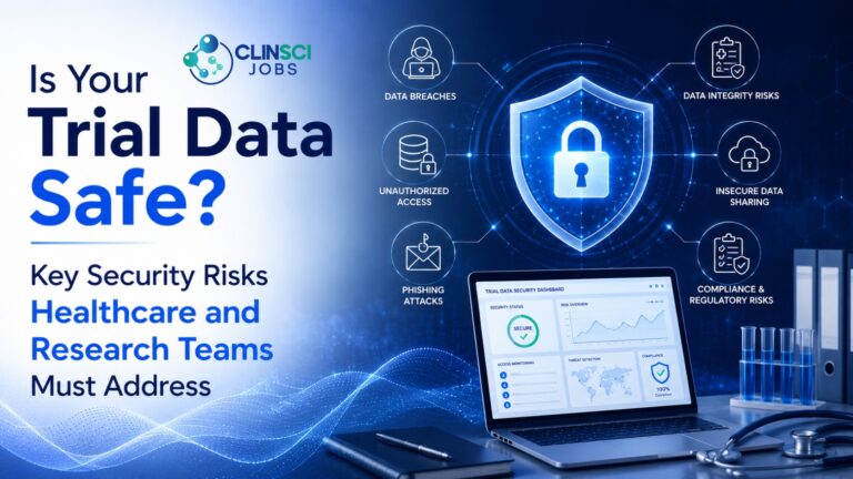 Research and IT staff reviewing clinical trial data security controls to protect patient privacy.