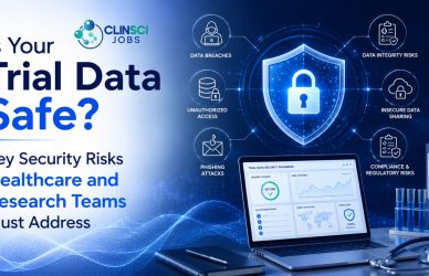 Research and IT staff reviewing clinical trial data security controls to protect patient privacy.